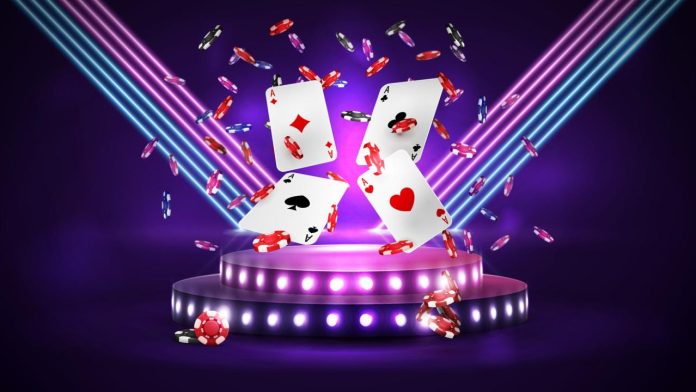 online-casino-banner-with-podium-with-casino-playing-cards-and-poker-chips-in-purple-scene-with-diagonal-pink-and-blue-line-neon-lamps-on-background-vector most bet