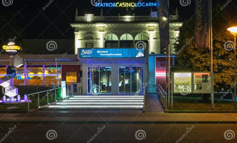 European Casino with Illuminated Signs at Night Locarno Switzerland ...